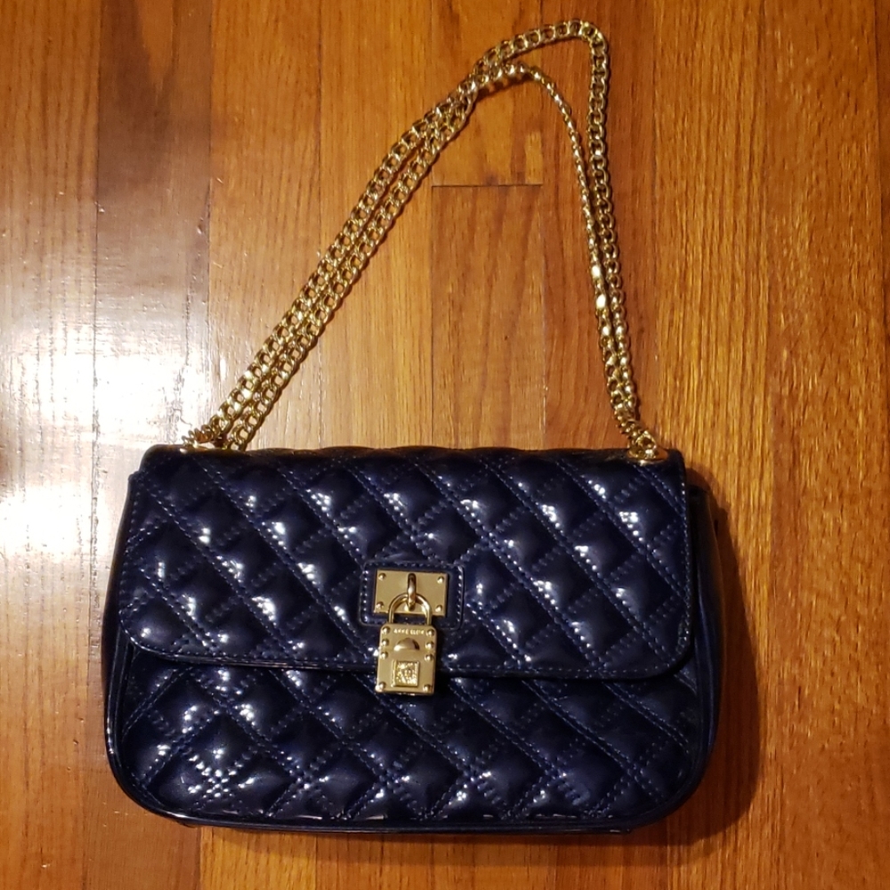 Ann Klein patent navy quilt handbag